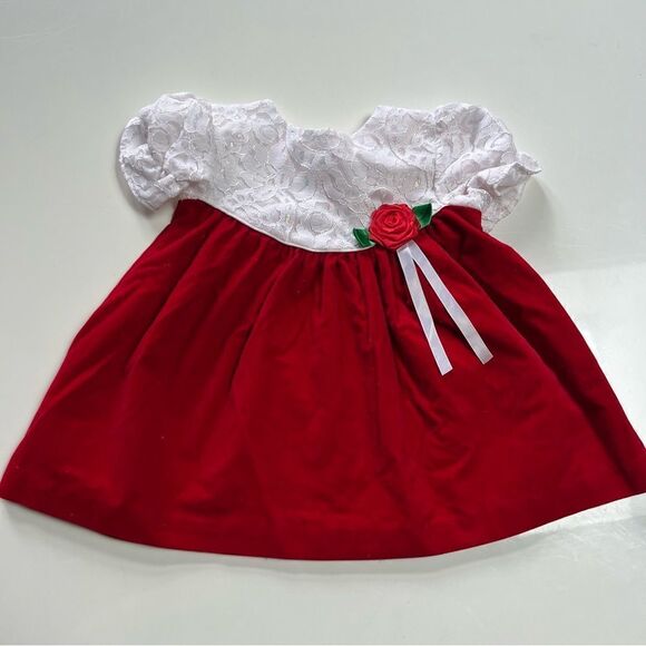 TWO Vintage 1990s Red Velvet Baby Dresses Lacey Floral Schnauzer Dog with Hat - Picture 6 of 13